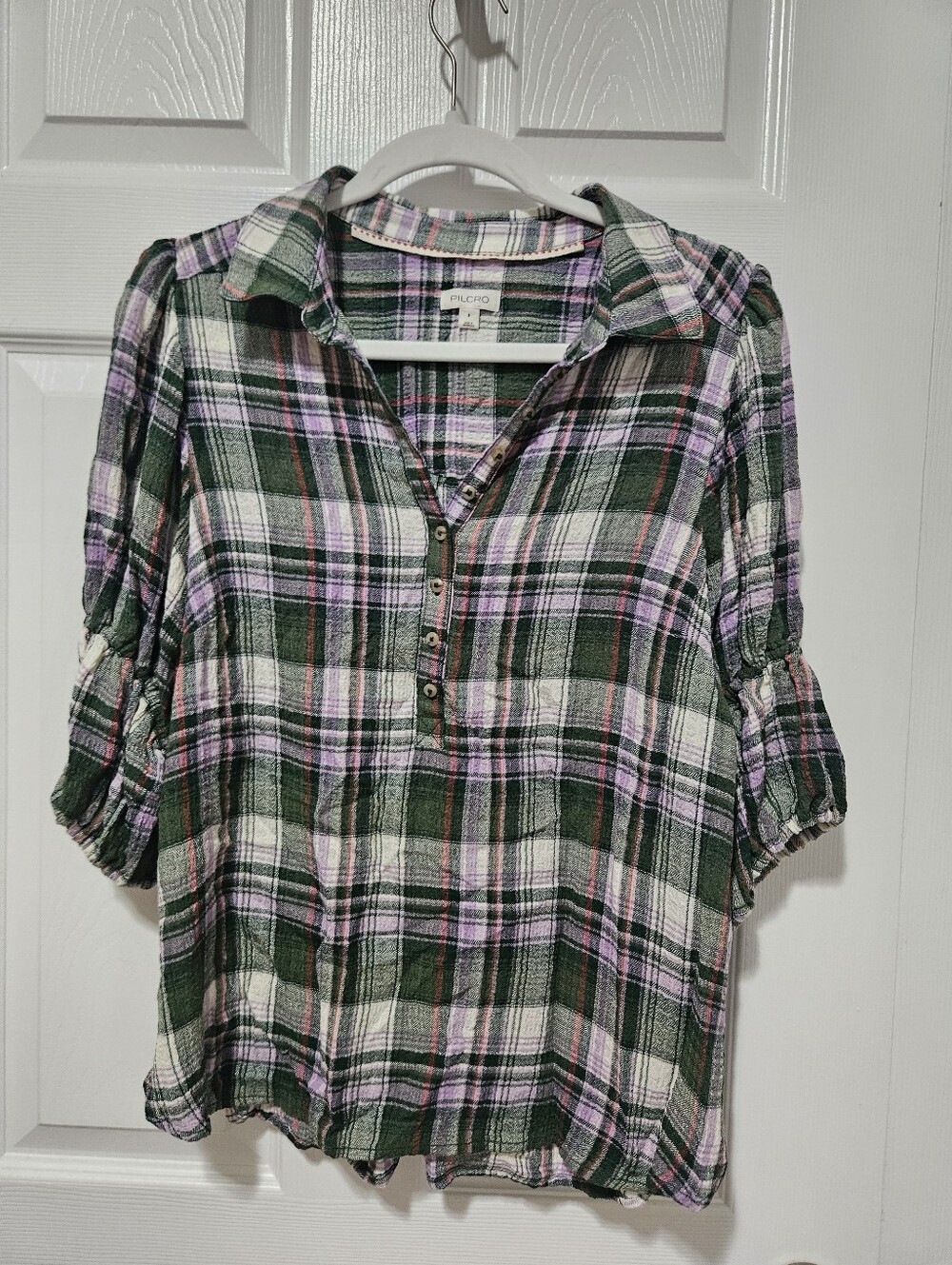 The Tallulah Puff-Sleeve Plaid Buttondown Top by Pilcro - Picture 2 of 6